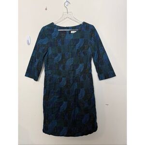 Seasalt Cornwall Blue Green Geometric Skinny Corduroy High Key Dress 3/4 Sleeve